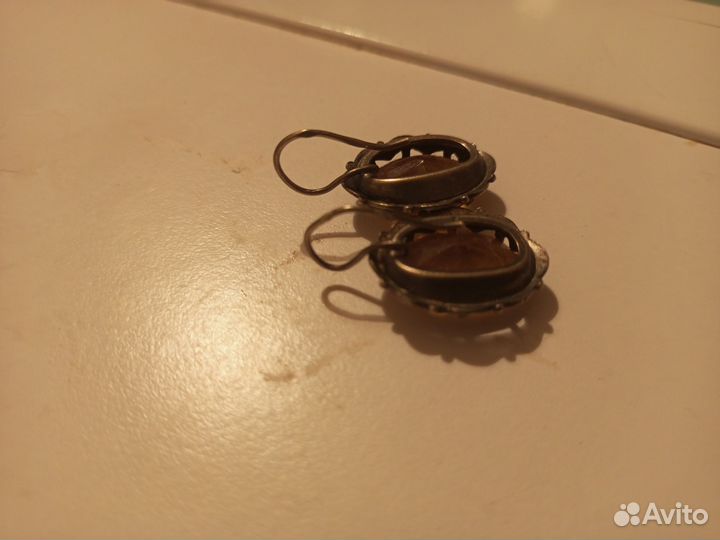 Серьги серебро СССР янтарь 875