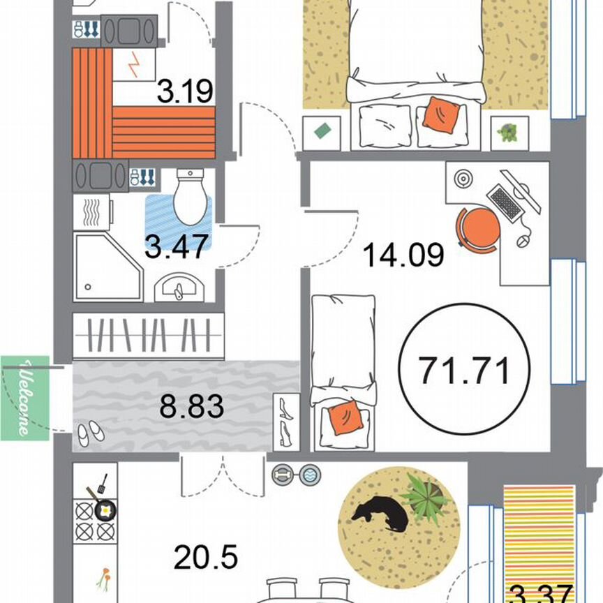 2-к. квартира, 71,7 м², 10/12 эт.