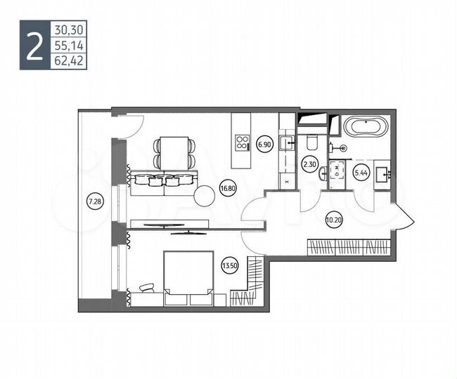 2-к. квартира, 62,4 м², 4/16 эт.
