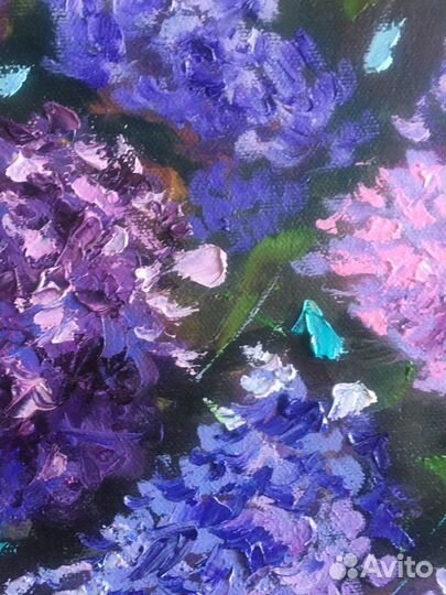 Картина маслом сирень/ голубые цветы