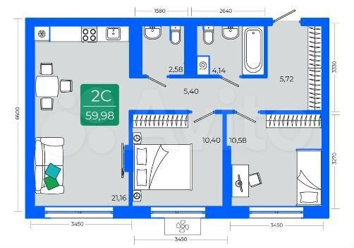 2-к. квартира, 60 м², 2/17 эт.