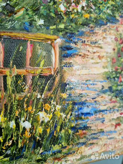 Картина маслом пейзаж домик цветы на холсте