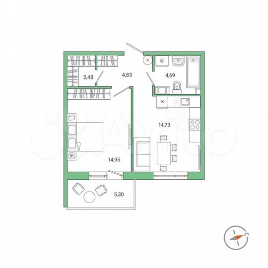 1-к. квартира, 43,3 м², 3/9 эт.