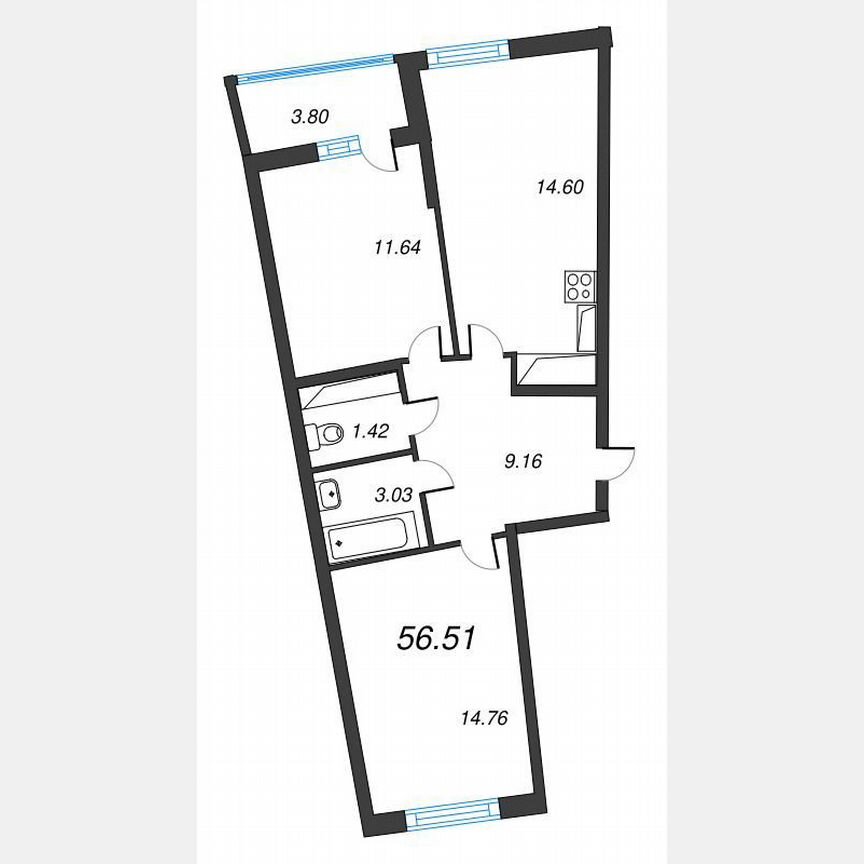 2-к. квартира, 58,4 м², 21/22 эт.