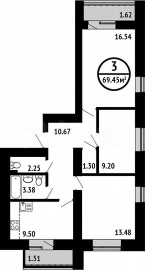 3-к. квартира, 69,5 м², 2/16 эт.
