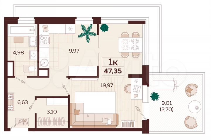 1-к. квартира, 47,4 м², 4/6 эт.