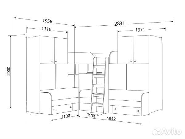 Кровать Трио с антресолями Дуб Молочный/Шамони