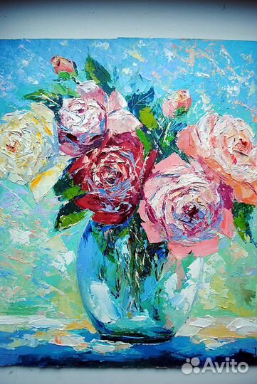 Картина маслом с розами 40х40 см Картина с цветами