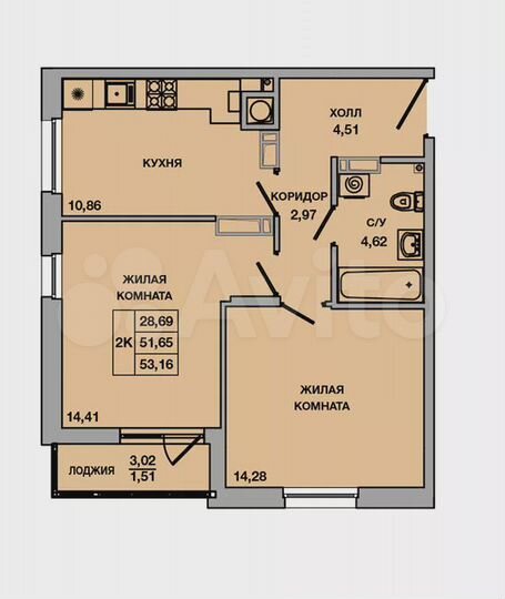 2-к. квартира, 53,2 м², 9/10 эт.