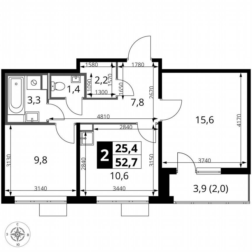 2-к. квартира, 52,7 м², 13/16 эт.