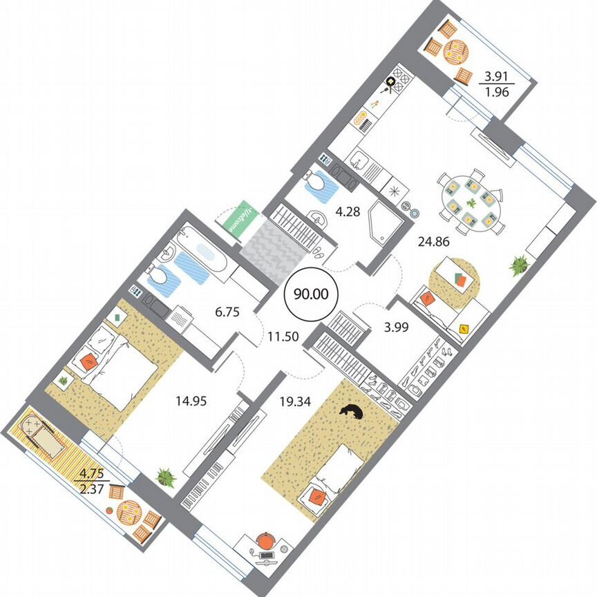 2-к. квартира, 90 м², 9/12 эт.