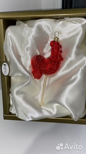 Елочная игрушка петушок на палочке стекло Irena