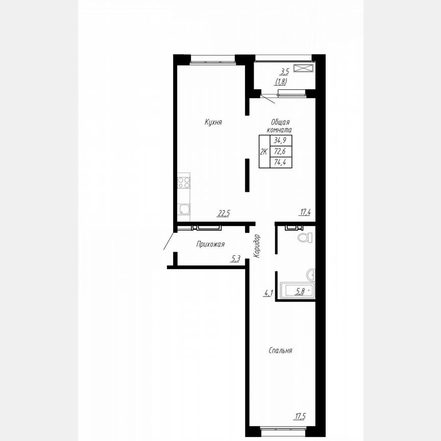 2-к. квартира, 74,4 м², 7/17 эт.