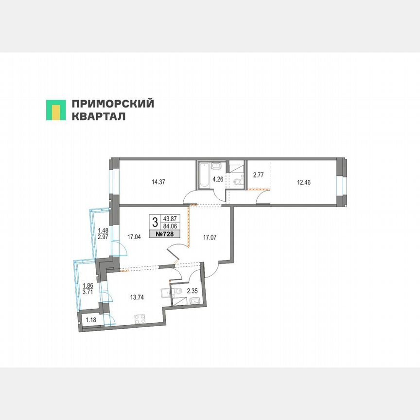 3-к. квартира, 84,1 м², 12/25 эт.