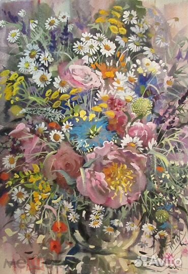 Акварели авторские А3 Пионы Маки Ромашки