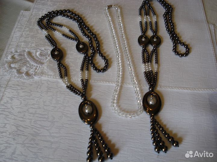 Колье из гематита,бусы из горного хрусталя и дерев