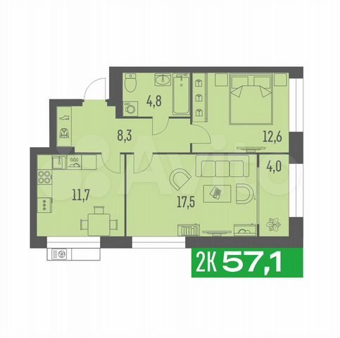 2-к. квартира, 57,1 м², 2/9 эт.