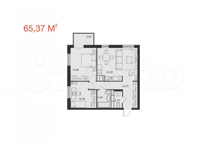 2-к. квартира, 65,4 м², 15/25 эт.