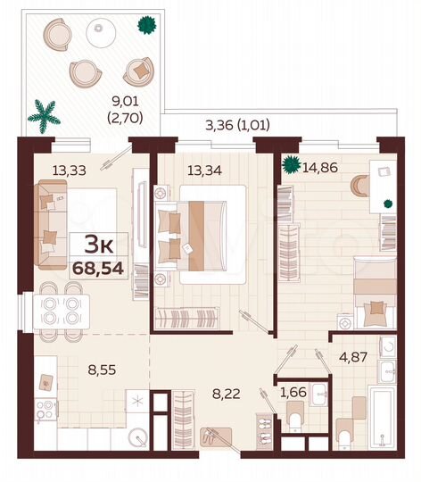 3-к. квартира, 68,5 м², 2/7 эт.