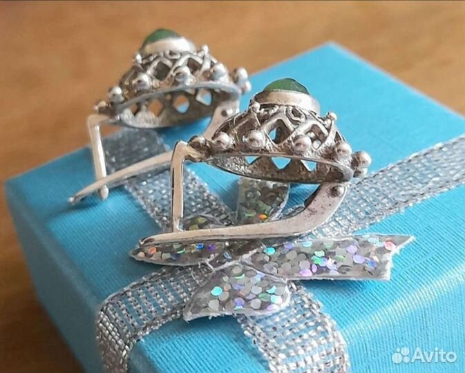 Серьги серебро нефрит винтаж СССР