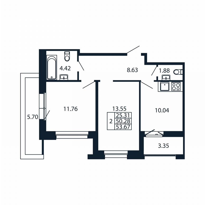 2-к. квартира, 59,3 м², 11/12 эт.