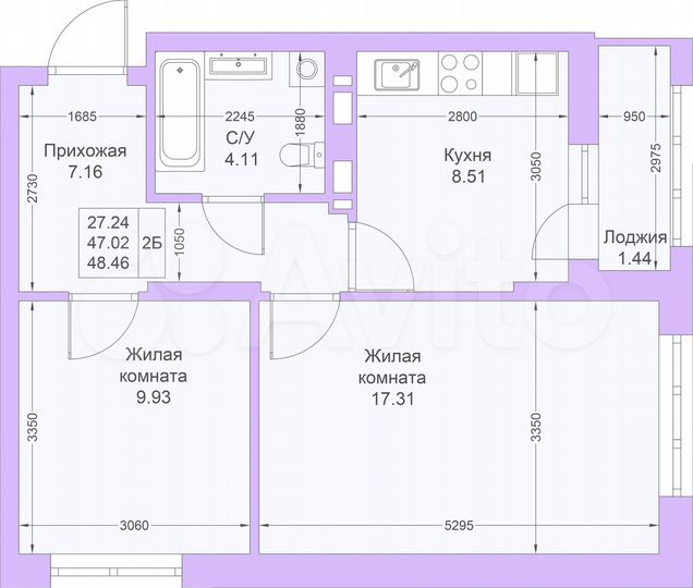 2-к. квартира, 48,5 м², 3/25 эт.