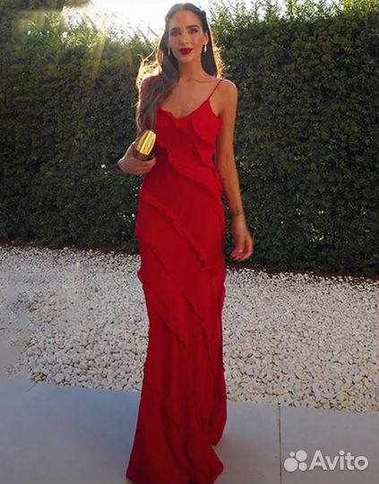 Платье красное макси с рюшами оборками