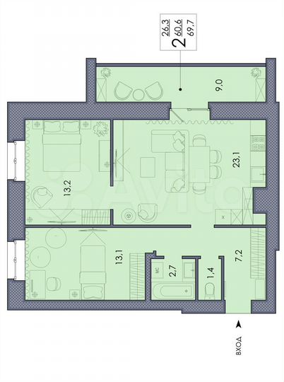 2-к. квартира, 71 м², 3/8 эт.
