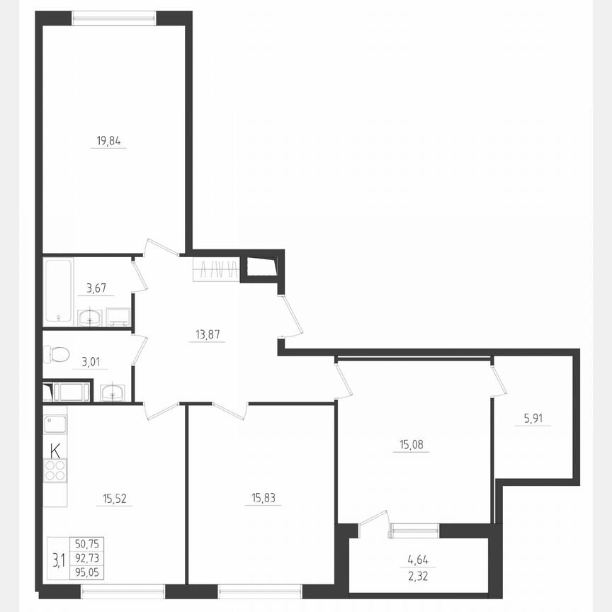 3-к. квартира, 95,1 м², 6/8 эт.
