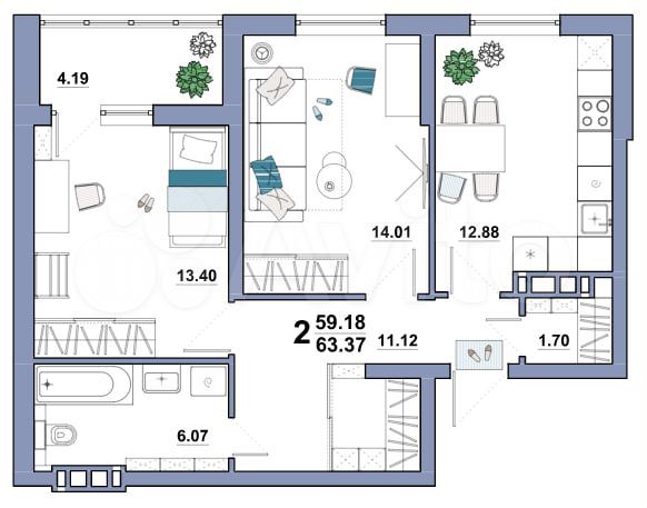 2-к. квартира, 59,2 м², 4/10 эт.