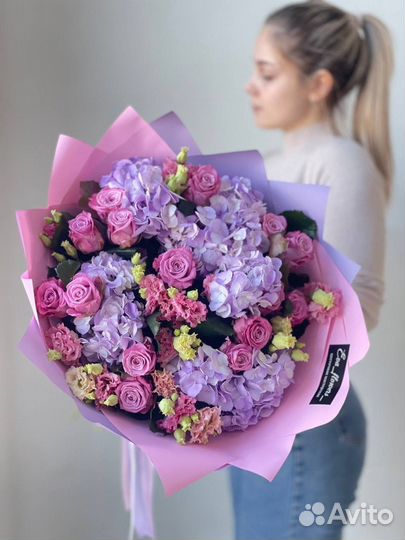 Сиреневые эустома гортензия розы