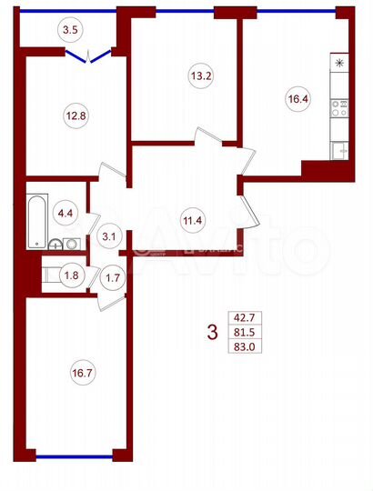 3-к. квартира, 83 м², 6/17 эт.