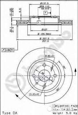 Диск торм. пер. вент.257x22 4 отв. 09.5843.11