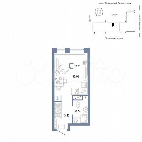 Квартира-студия, 18,3 м², 4/16 эт.