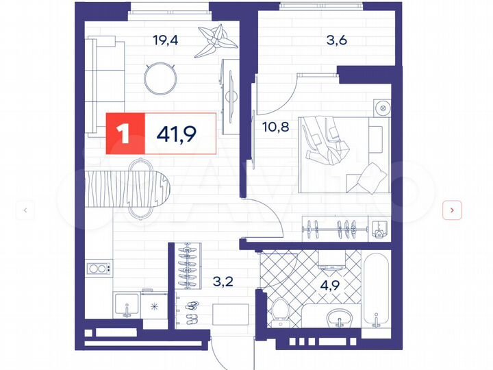 1-к. квартира, 41,9 м², 7/16 эт.