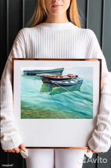 Акварельная картина. Лодки у пристани