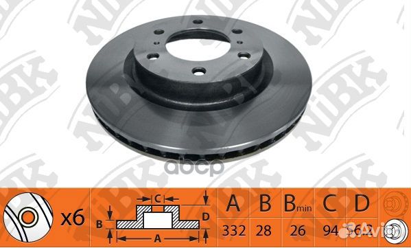 Торм.диск пер.вент.332x28 6 отв. RN1400 NiBK