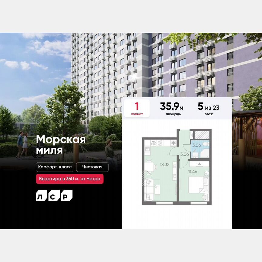 1-к. квартира, 35,9 м², 5/23 эт.