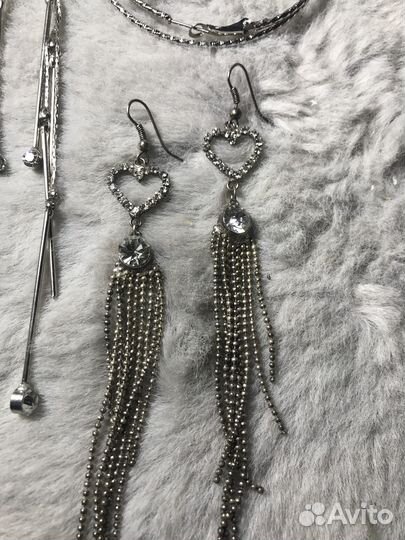 Вечерние длинные серьги кольца сердечки набор 4 шт