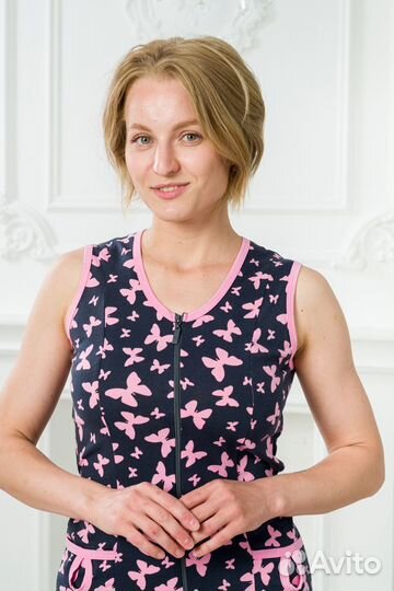 Халат женский из кулирки Капелька розовые бабочки