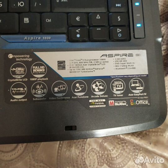 Ноубук acer aspire 5930 2ядра/3GB/жесткий 250 GB/1