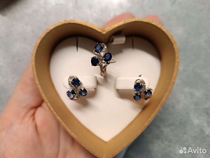 Серебряные серьги + кольцо с сапфирами