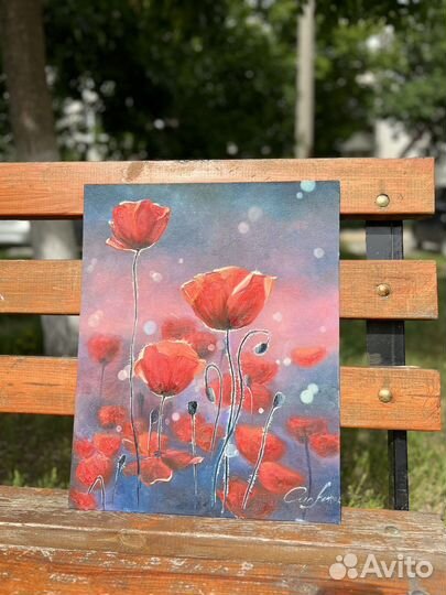 Картина маслом на холсте Цветы маки красные