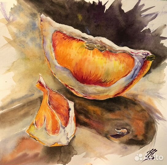Картина акварель «Апельсин» рама с паспарту 40*40