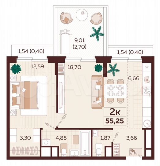 2-к. квартира, 54,4 м², 7/9 эт.