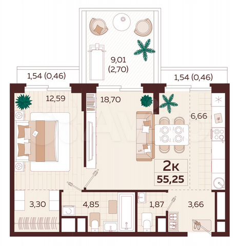 2-к. квартира, 54,4 м², 7/9 эт.