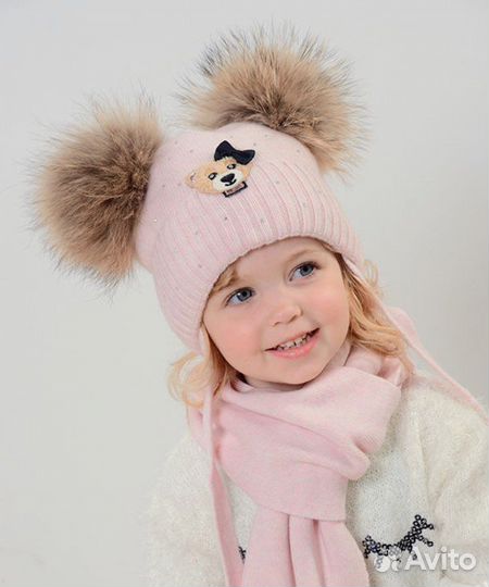 Комплект шапка и шарф с натуральным помпоном