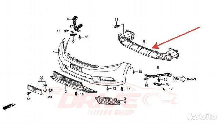 Усилитель переднего бампера Honda Civic 4D седан