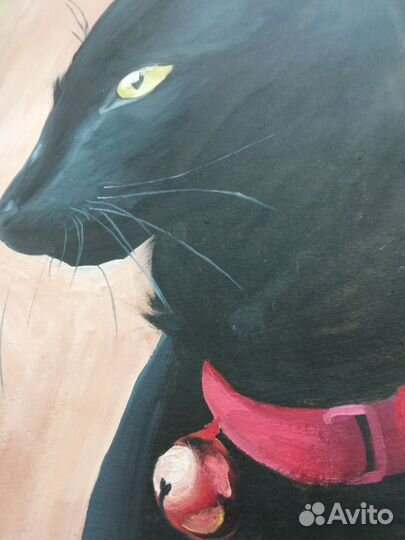Картина маслом Чёрная кошка с колокольчиком
