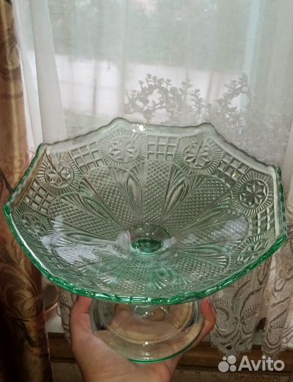 Ваза, фруктовница, зеленое стекло, СССР